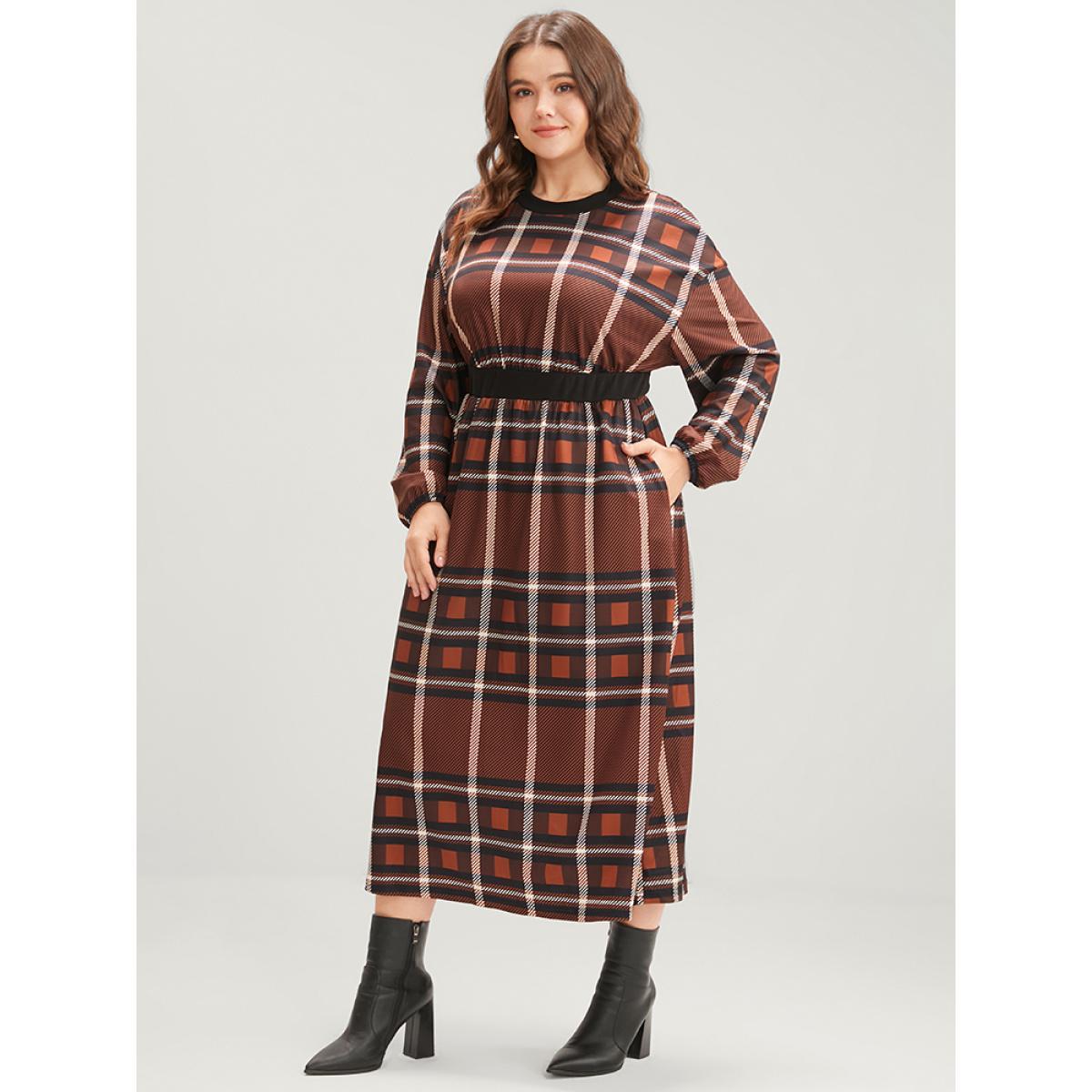 Plus Size Plaid Patchwork Round Neck Lantern Sleeve Pocket Midi Dress Tan Women Casual Patchwork Round Neck Long Sleeve Curvy Midi Dress BloomChic 14-16/1X Product Image