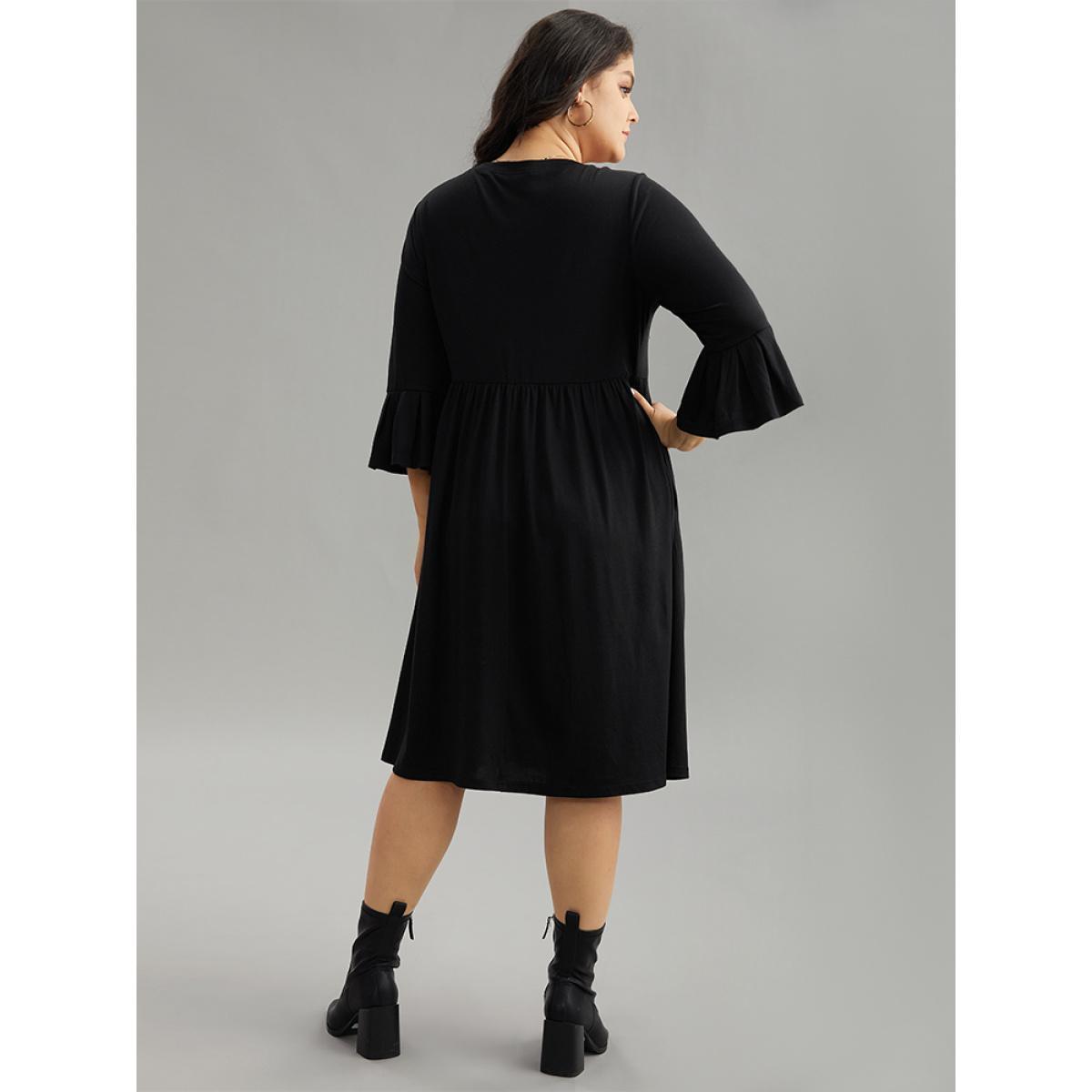 Plus Size Supersoft Essentials Solid Ruffles Pleated Dress Black Women Casual Pleated Round Neck Elbow-length sleeve Curvy Midi Dress BloomChic 26/4X Product Image