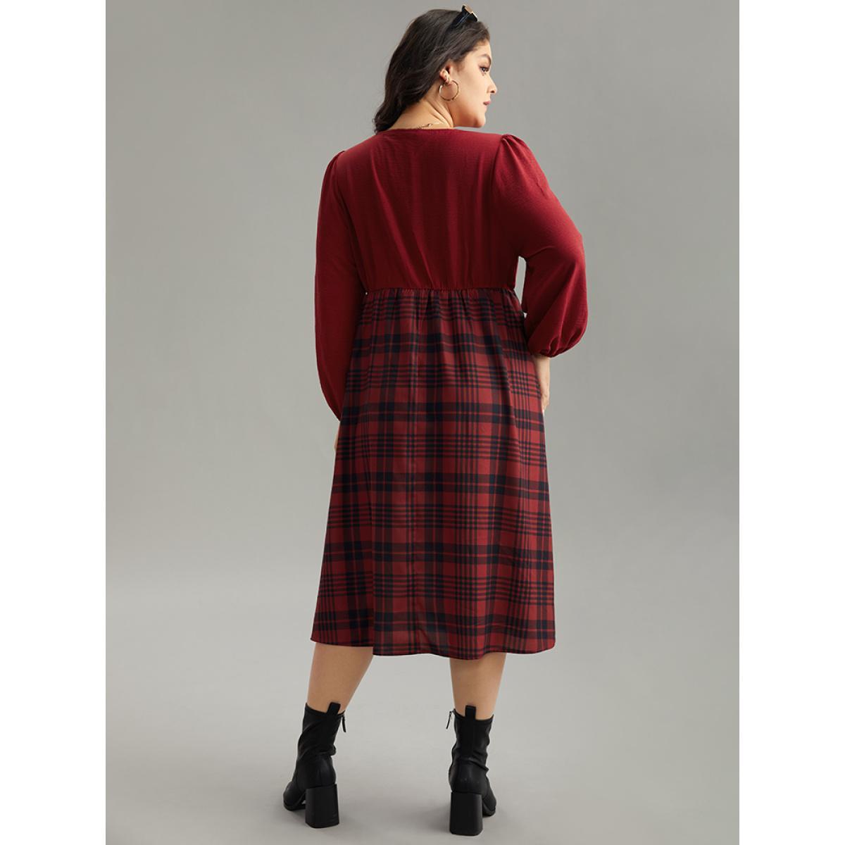 Plus Size Plaid Patchwork Gathered Lantern Sleeve Dress Raspberry Women Casual Elastic cuffs V-neck Long Sleeve Curvy Midi Dress BloomChic 10/M Product Image