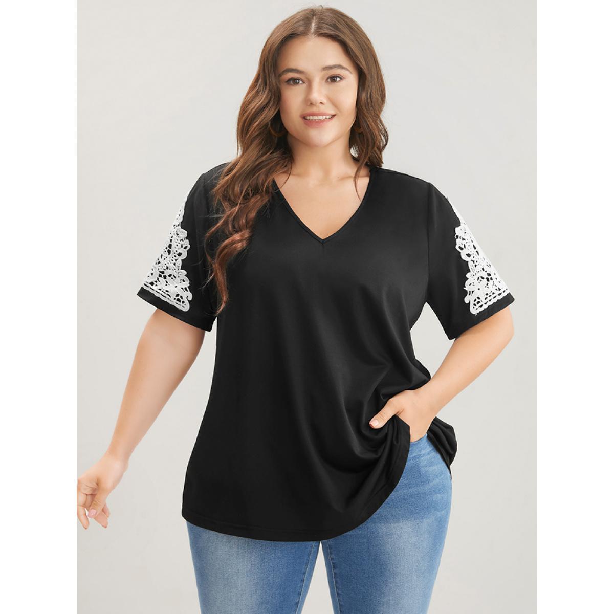 Plus Size Plain Contrast Lace V Neck T-shirt Black Women Elegant Lace Plain V-neck Dailywear T-shirts BloomChic 14-16/1X Product Image