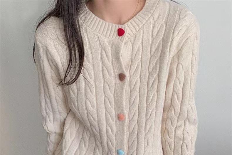 Round Neck Plain Buttoned Cable Knitted Cardigan Product Image