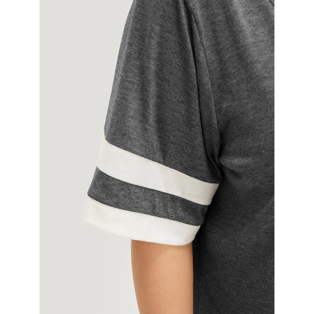 Plus Size Striped Contrast V Neck Button Detail T-shirt Gray Women Casual Contrast Plain V-neck Dailywear T-shirts BloomChic 22-24/3X Product Image