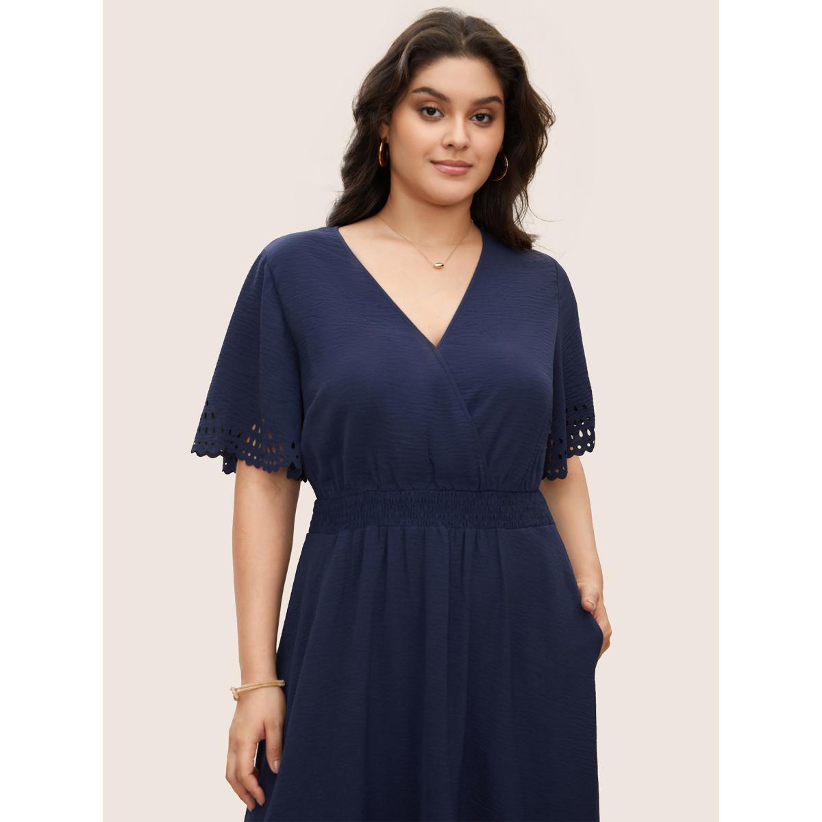 Plus Size Solid Laser Cut Shirred Pocket Wrap Scalloped Trim Flutter Dress Navy Women Elegant Non V-neck Short sleeve Curvy Midi Dress BloomChic 18-20/2X Product Image