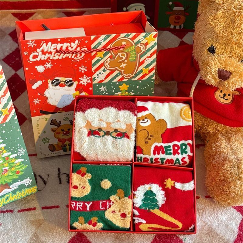 Set of 4 Pairs: Christmas Cartoon Print Socks Product Image