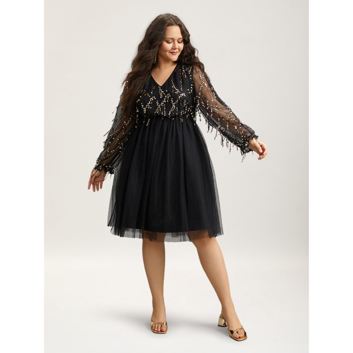 Plus Size Sequin Mesh Patchwork Tassel Dress Black Women Cocktail Gathered Overlap Collar Long Sleeve Curvy Knee Dress BloomChic 14-16/1X Product Image