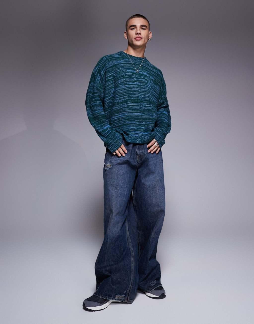 ASOS DESIGN super oversized boxy fit knit crew neck sweater in blue heather Product Image