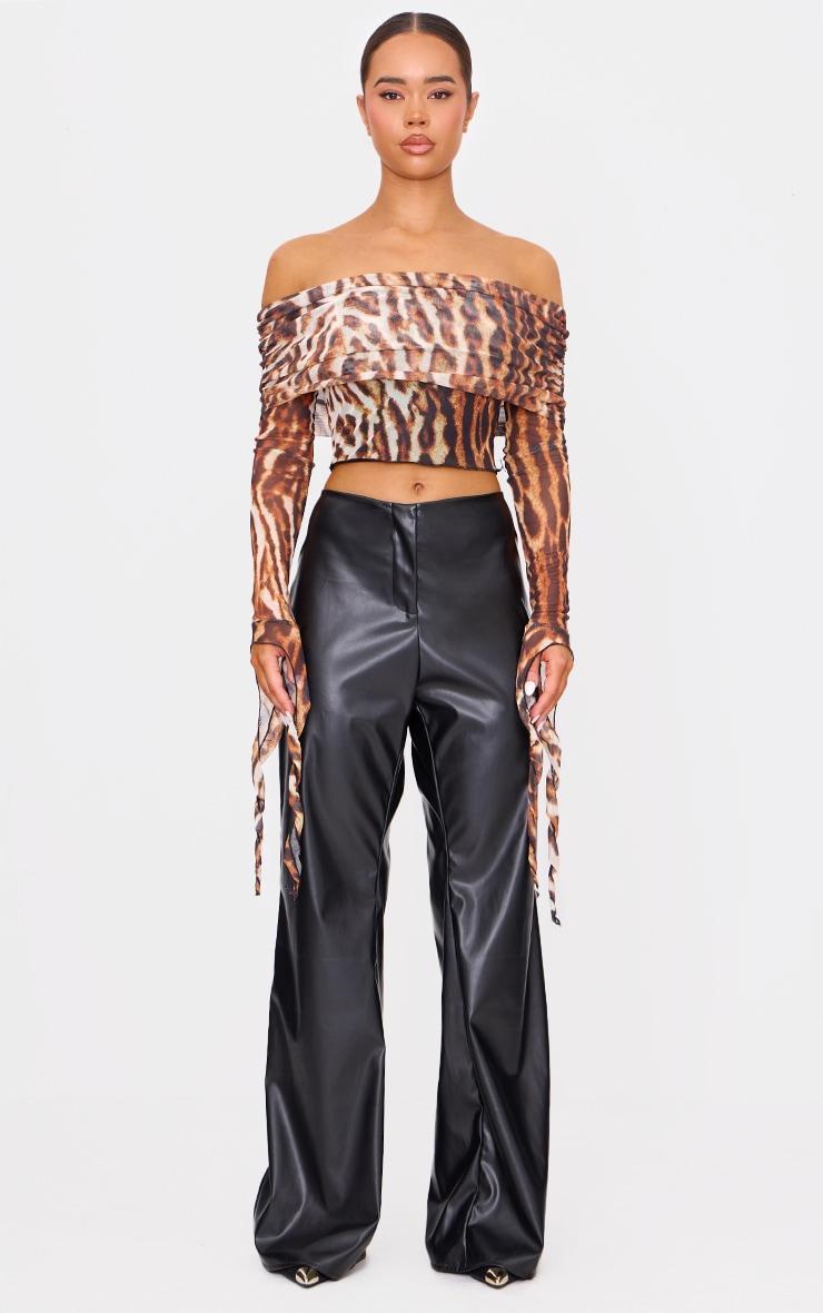 Brown Leopard Mesh Ultra Long Drape Sleeve Crop Top Product Image