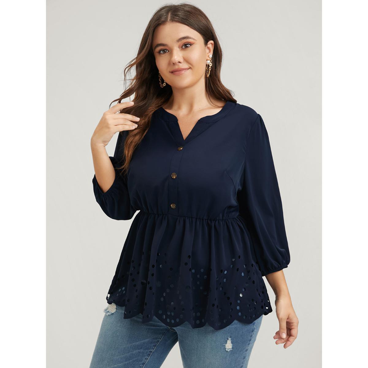 Plus Size DarkBlue Solid Cut Out Ruffles Button Lantern Sleeve Blouse Women Office Elbow-length sleeve V-neck Work Blouses BloomChic 28/5X Product Image