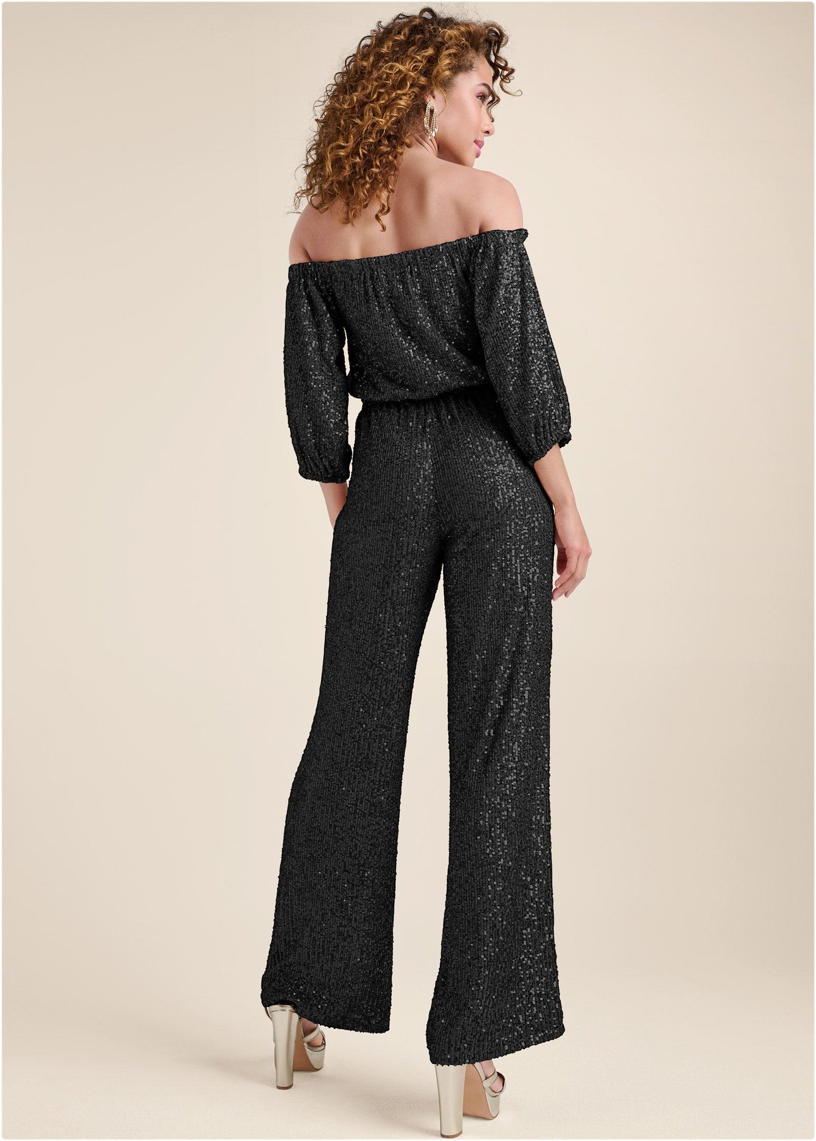 Off-Shoulder Sequin Jumpsuit - Black Product Image