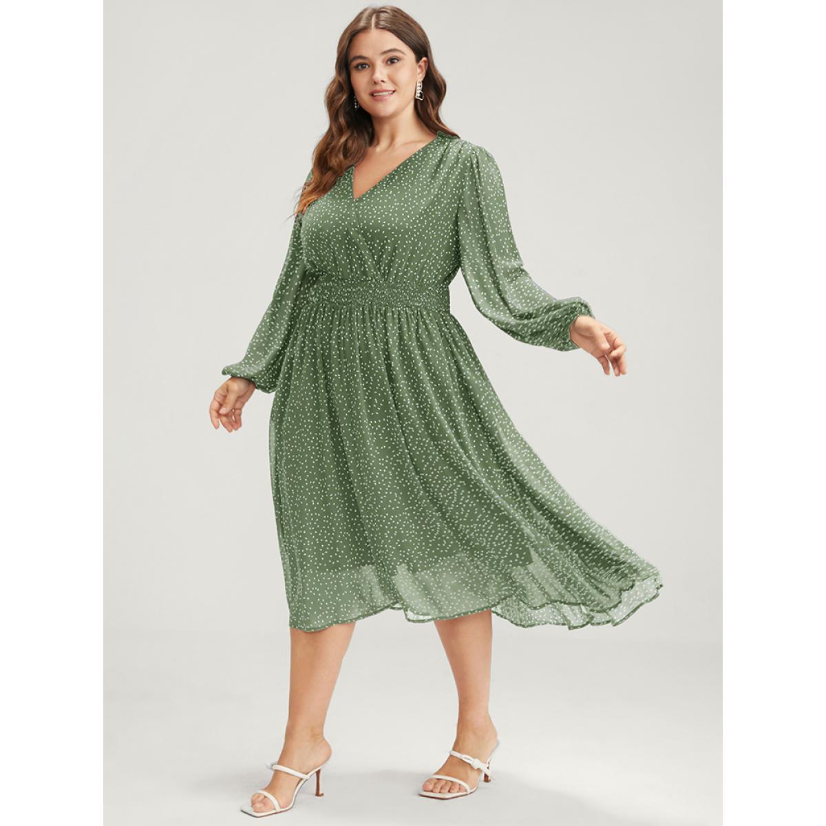Plus Size Polka Dot Lantern Sleeve Pocket Shirred Flutter Dress Mint Women Elegant Pocket V-neck Short sleeve Curvy Midi Dress BloomChic 18-20/2X Product Image
