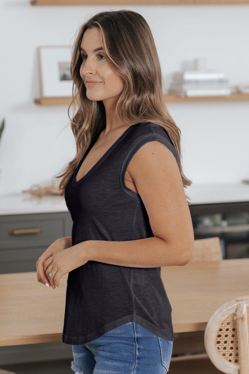 Scoop Neck Cotton Slub Knit Tee - Black Female Product Image