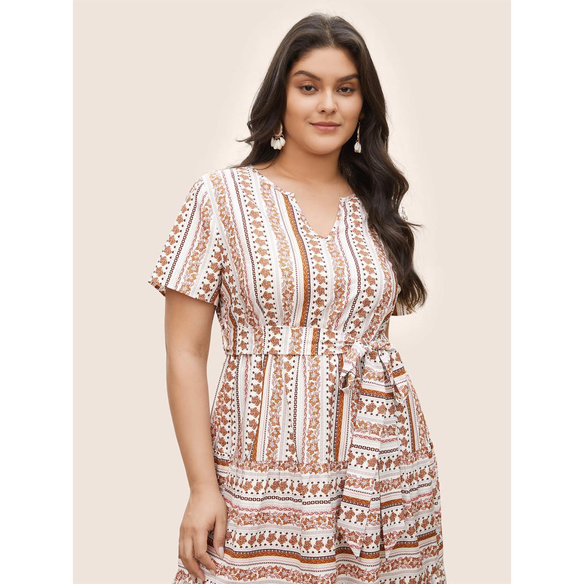 Plus Size Bandana Striped Print Notched Belted Dress Crepe Women Resort Non Notched collar Short sleeve Curvy Midi Dress BloomChic 10/M Product Image