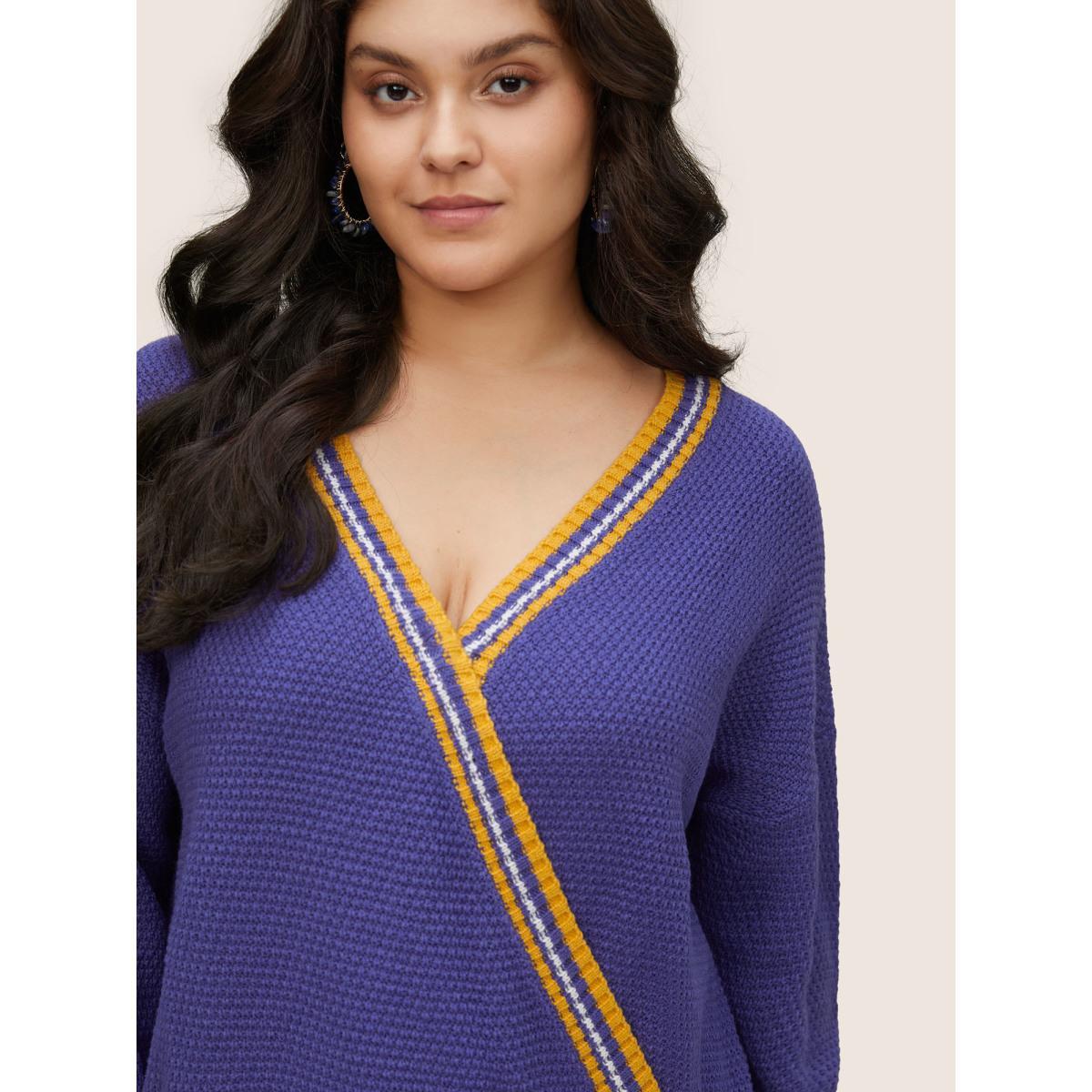 Plus Size Striped Contrast Wrap Knit Pullover Blackcurrant Women Casual Loose Long Sleeve V-neck Dailywear Pullovers BloomChic 10/M Product Image