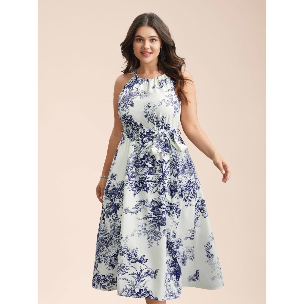 Plus Size Spring Time Florals Sleeveless Midi Dress WhiteSmoke Women Elegant Gathered Halter neck Sleeveless Curvy BloomChic 18-20/2X Product Image