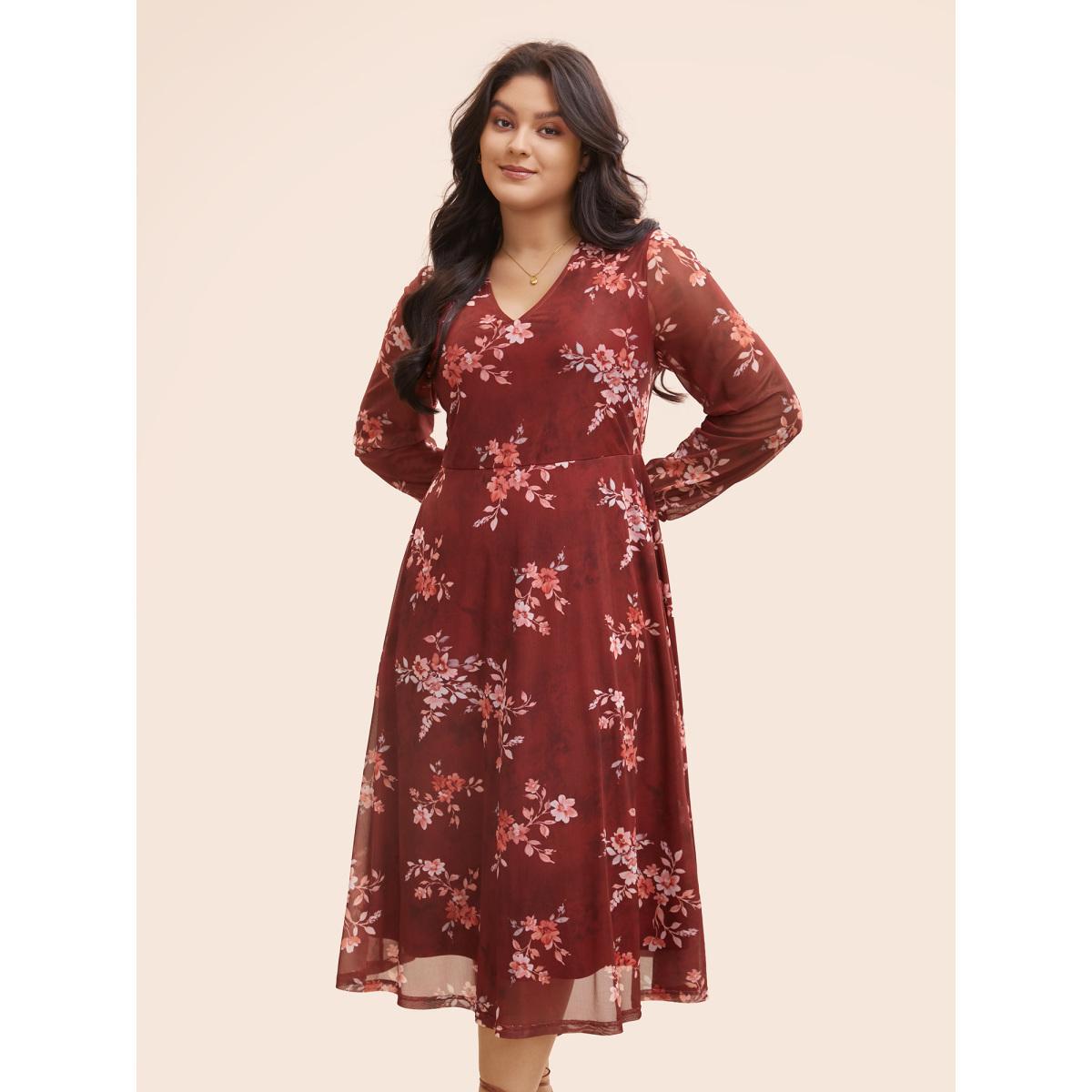 Plus Size Floral See Through Gathered Dress Burgundy Women Elegant Gathered V-neck Long Sleeve Curvy BloomChic 14-16/1X Product Image