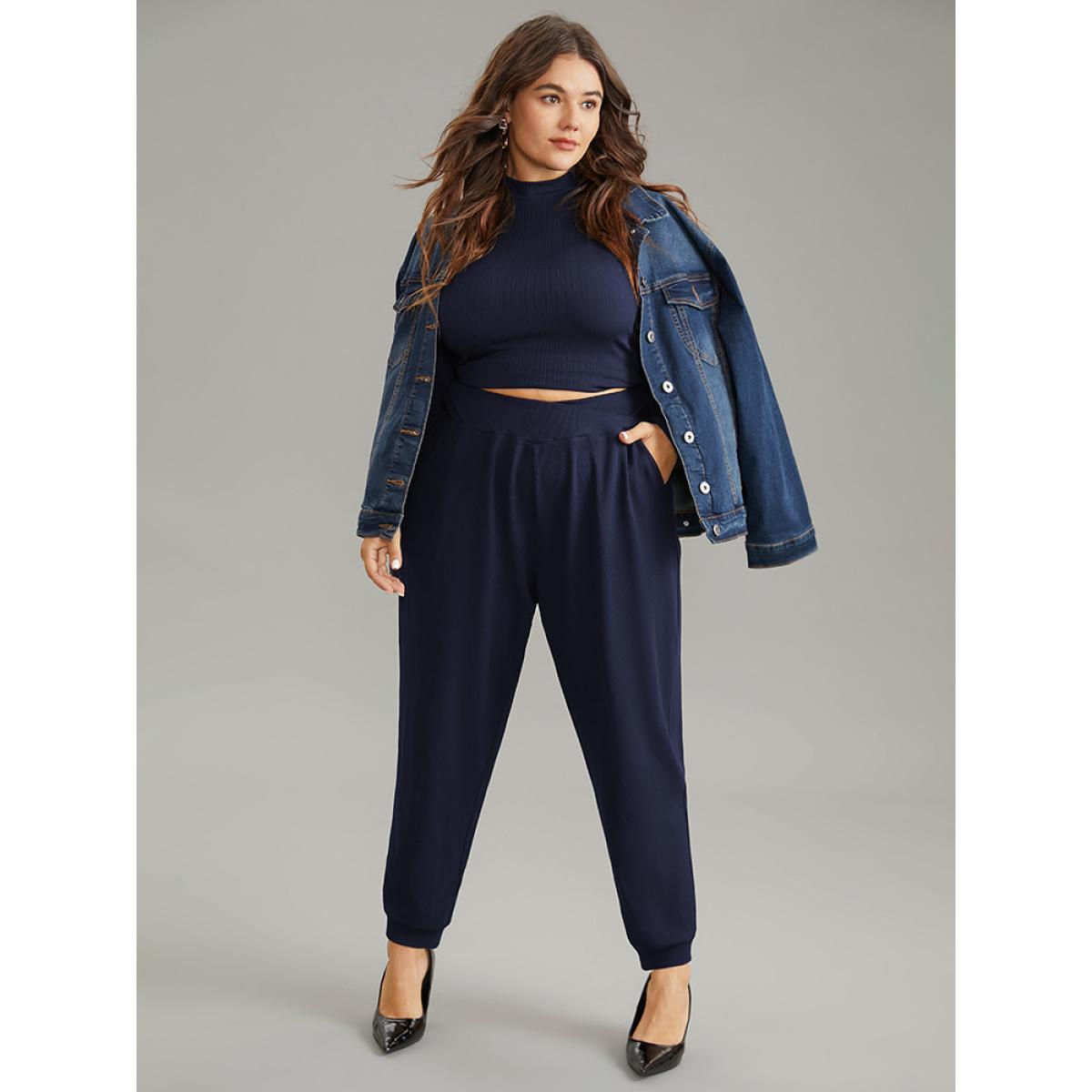 Plus Size Crossover Plain Texture High Rise Pants Women DarkBlue Casual High Rise Everyday Pants BloomChic 30/6X Product Image