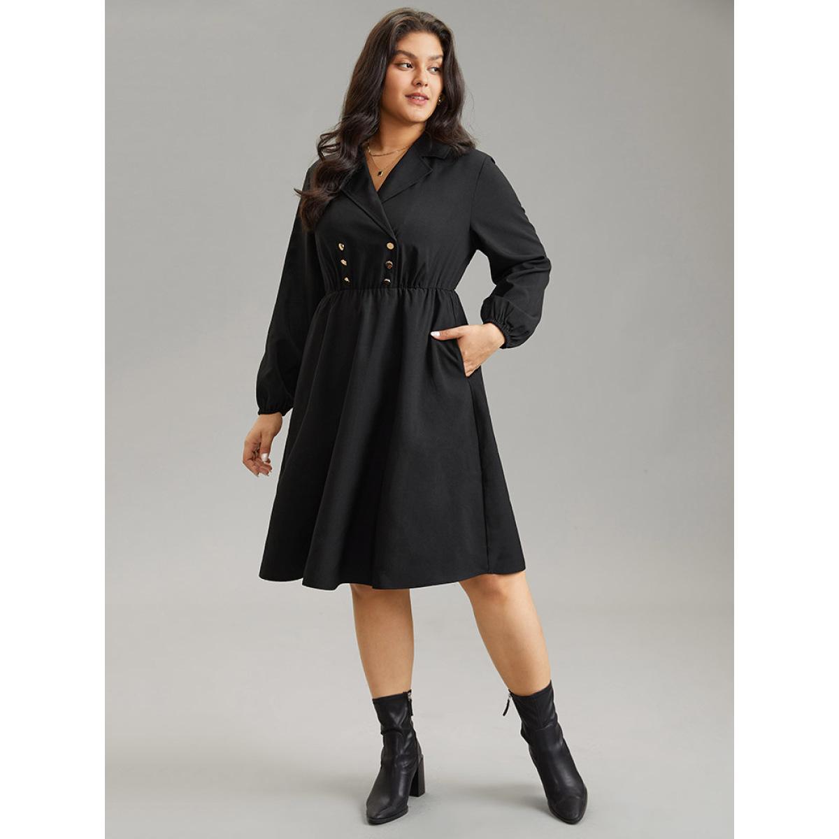 Plus Size Static-Free Suit Collar Button Detail Elastic Waist Dress Black Women At the Office Elastic cuffs Suit Collar Long Sleeve Curvy Midi Dress BloomChic 14-16/1X Product Image