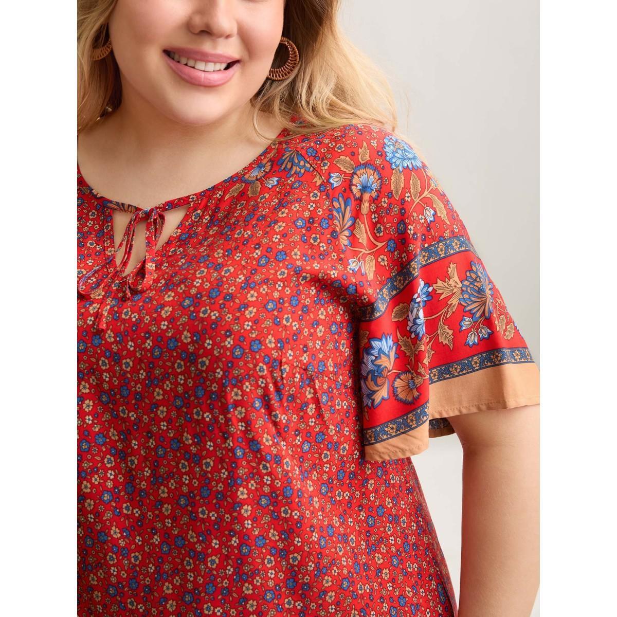 Plus Size Raspberry Floral Print Neck Tie Half Sleeve Blouse Women Resort Short sleeve Notched collar Vacation Blouses BloomChic 10/M Product Image