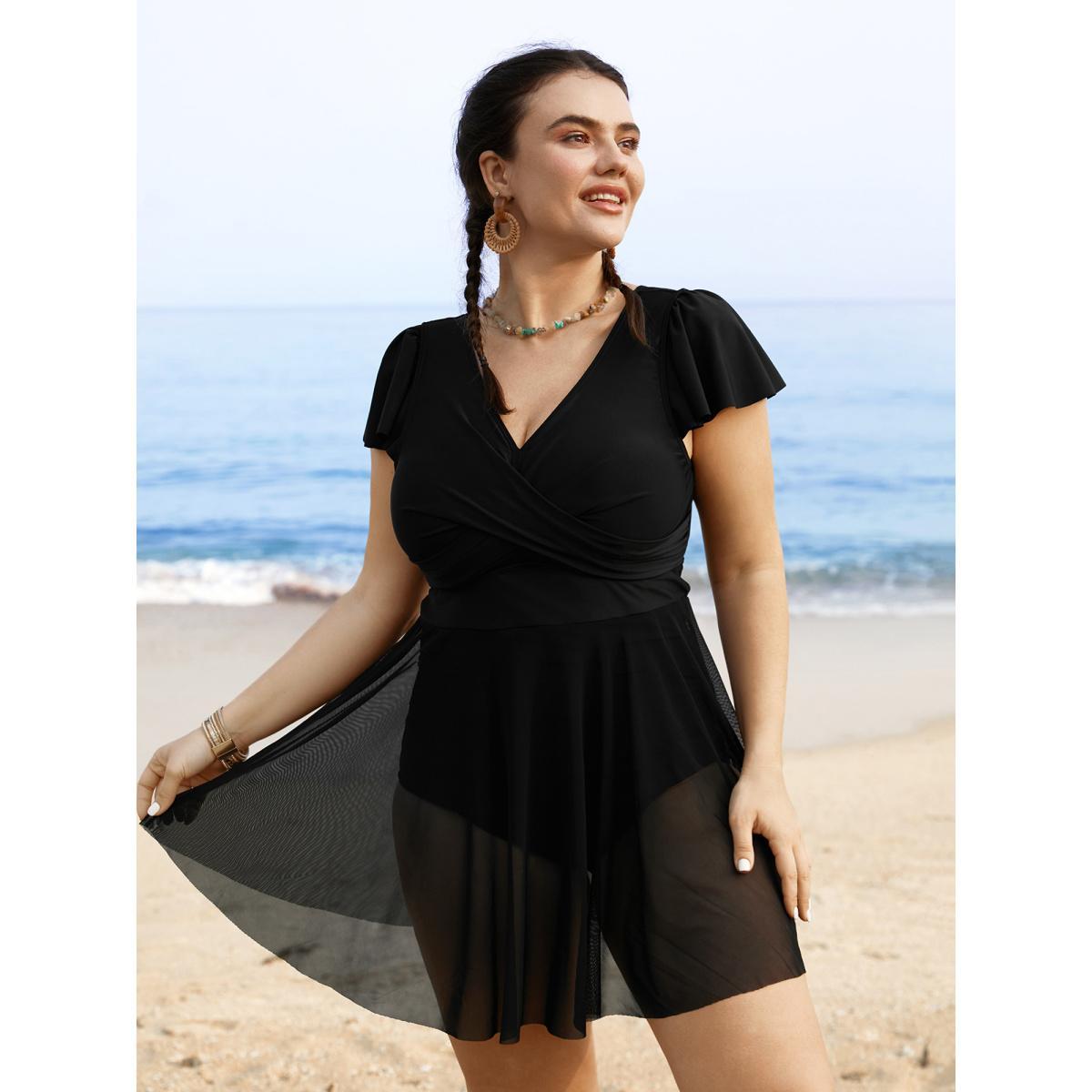 Plus Size Solid Ruffles Gathered See Through Swim Dress Women's Swimwear Black Beach Bodycon V-neck High stretch Curve Swim Dresses BloomChic 26/4X Product Image