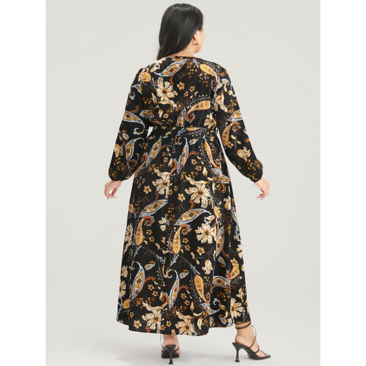 Plus Size Floral Pocket Lantern Sleeve V Neck Belted Maxi Dress Black Women Elegant Belted V-neck Long Sleeve Curvy Long Dress BloomChic 18-20/2X Product Image