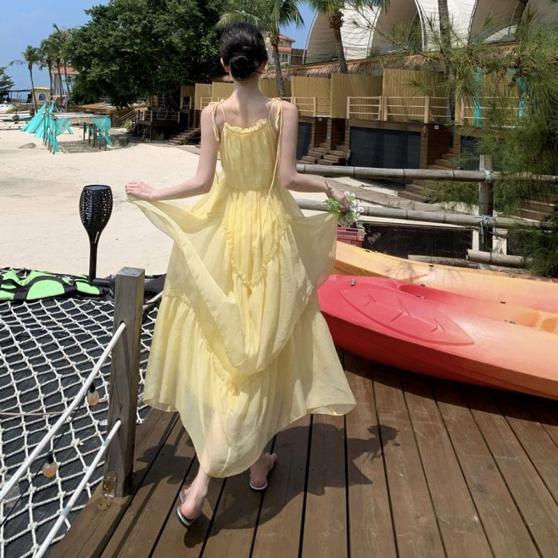 Sleeveless Chiffon Plain Maxi A-Line Dress Product Image