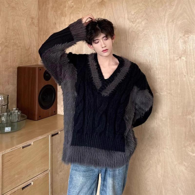 V-Neck Two Tone Fluffy Sweater Product Image