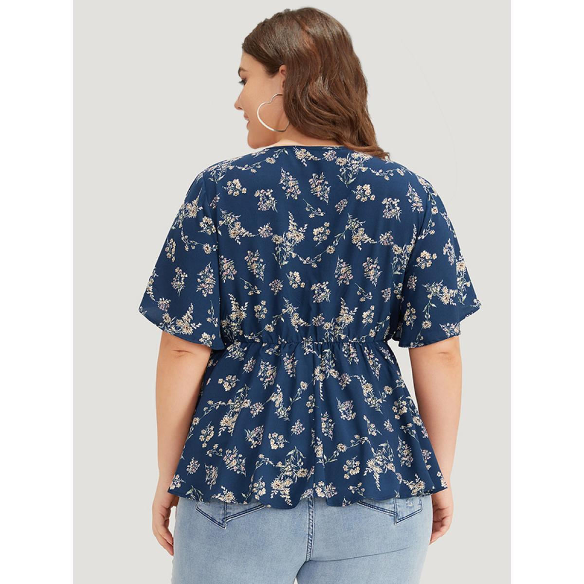 Plus Size Indigo Floral Print Flutter Sleeve Button Detail Blouse Women Elegant Short sleeve V-neck Dailywear Blouses BloomChic 18-20/2X Product Image
