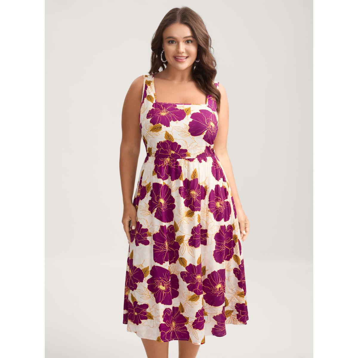 Plus Size Large Floral Print Pockets Midi Dress Peach Women Square Neck Sleeveless Curvy BloomChic 14-16/1X Product Image
