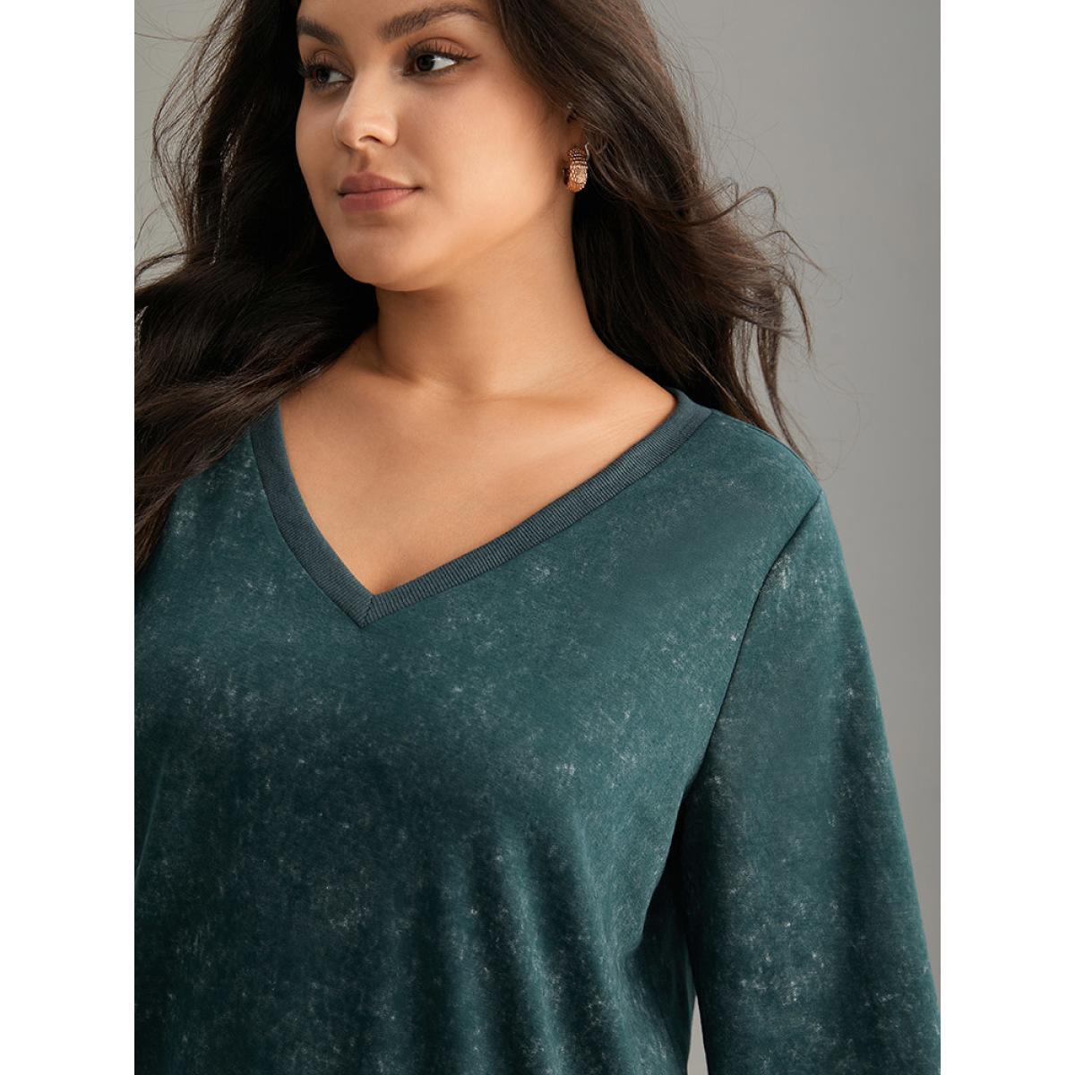 Plus Size Vintage Heather V Neck Rib Knit Sweatshirt Women DarkGreen Casual Rib Knit V-neck Dailywear Sweatshirts BloomChic 30/6X Product Image