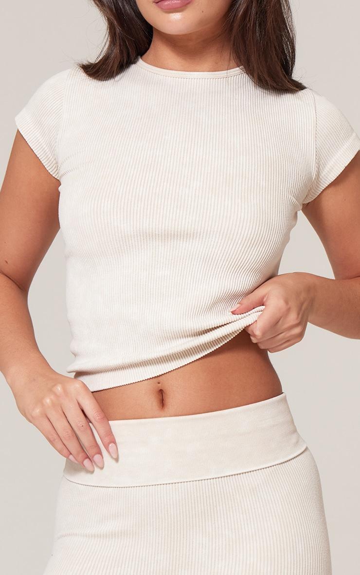 Cream Faded Snatched Rib Short Sleeve Detail Crop Top Product Image