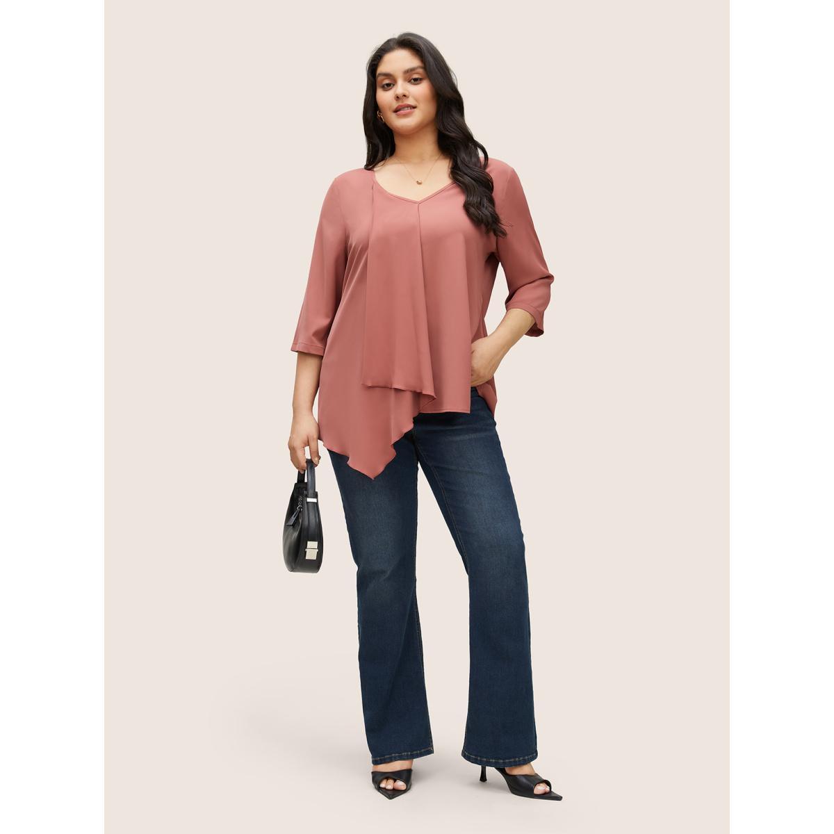 Plus Size DustyPink Static-Free Plain Asymmetrical Hem Patchwork Blouse Women Work From Home Elbow-length sleeve V-neck Work Blouses BloomChic 18-20/2X Product Image