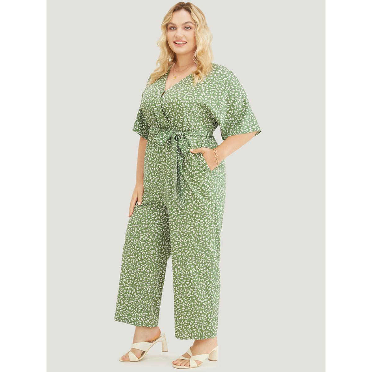Plus Size Green Ditsy Floral Wrap Pocket Belt Batwing Sleeve Jumpsuit Women Elegant Half Sleeve V-neck Dailywear Loose Jumpsuits BloomChic 30/6X Product Image