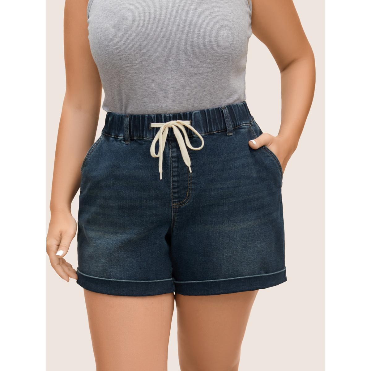 Plus Size Dark Wash Drawstring Roll Hem Denim Shorts Women Denimblue Roll Hem High stretch Everyday Slanted pocket Casual Denim Shorts BloomChic 16/1X Product Image