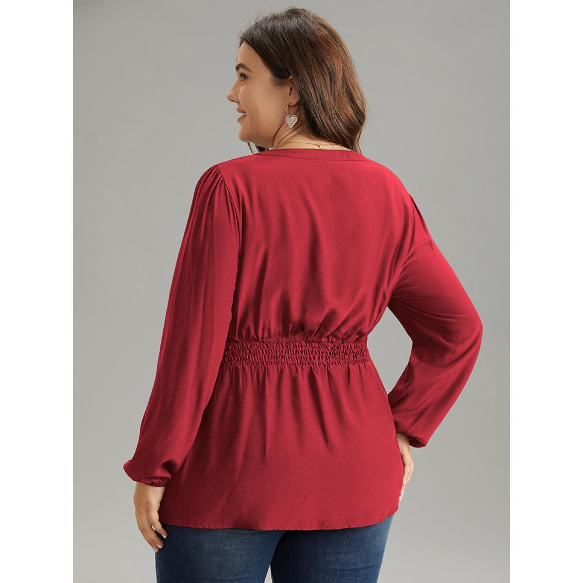 Plus Size Raspberry Solid Frill Trim Shirred Flutter Hem Blouse Women Elegant Long Sleeve Notched collar Dailywear Blouses BloomChic 14-16/1X Product Image