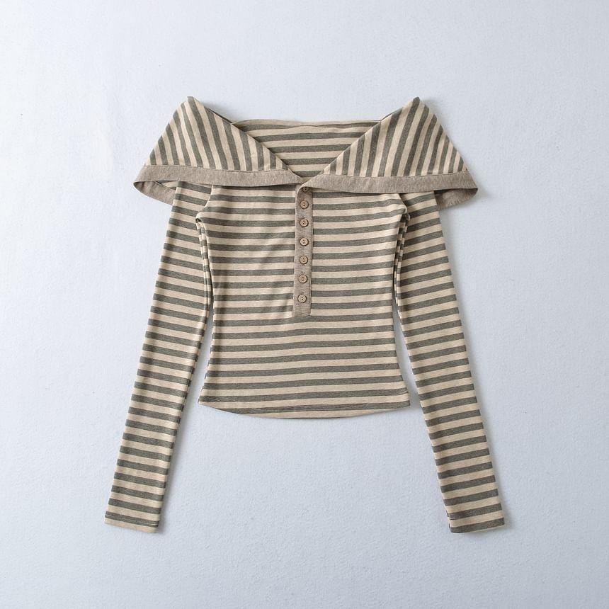 Long Sleeve Off Shoulder Henley Striped Tee Product Image