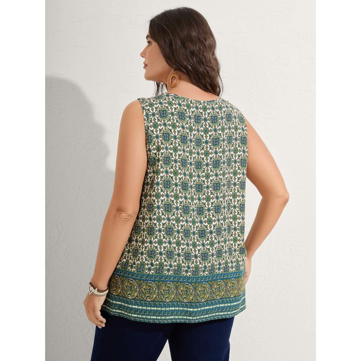 Plus Size Floral Print Pleated Neckline Tank Top Women Teal Pleated Square Neck Vacation Tank Tops Camis BloomChic 10/M Product Image