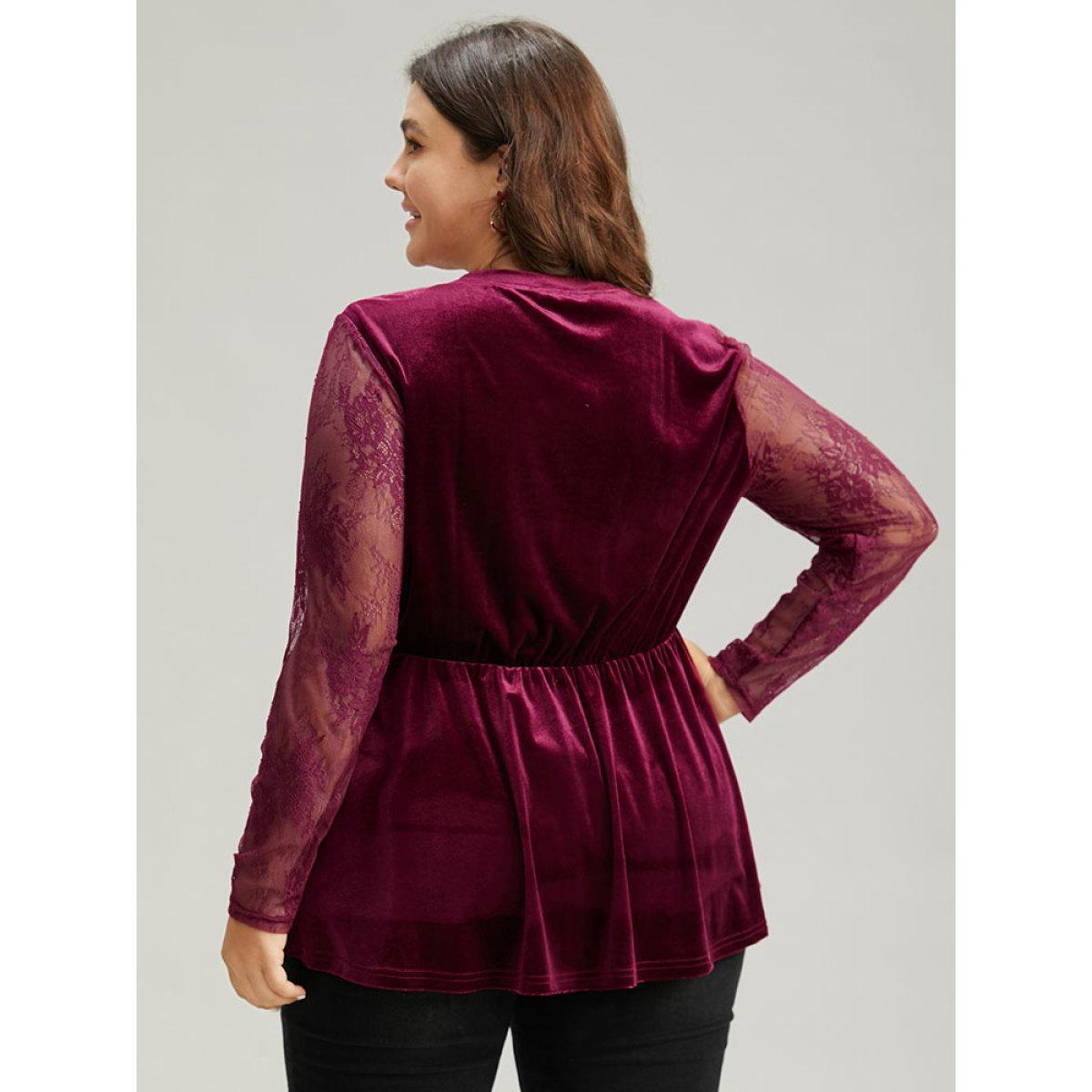Plus Size Burgundy Velvet Patchwork Mesh Guipure Lace Gathered Blouse Women Elegant Long Sleeve Round Neck Festival-Christmas Blouses BloomChic 18-20/2X Product Image