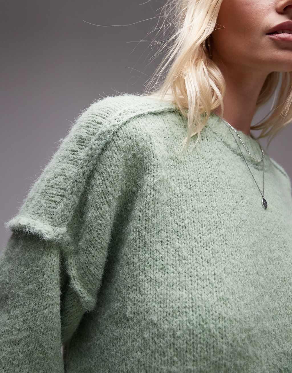 Topshop knit fluffy ribbed detail exposed seam crew oversized sweater in light green Product Image