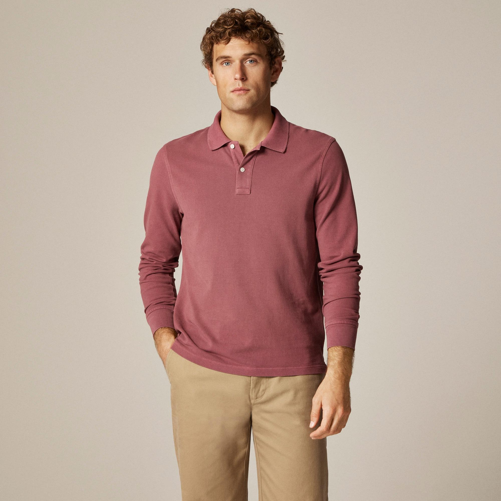 Long-sleeve washed piqué polo shirt Product Image