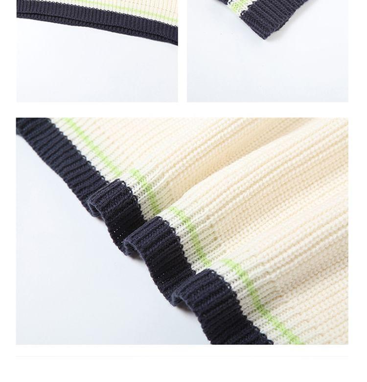V-Neck Plain Contrast Trim Ribbed Sweater Product Image