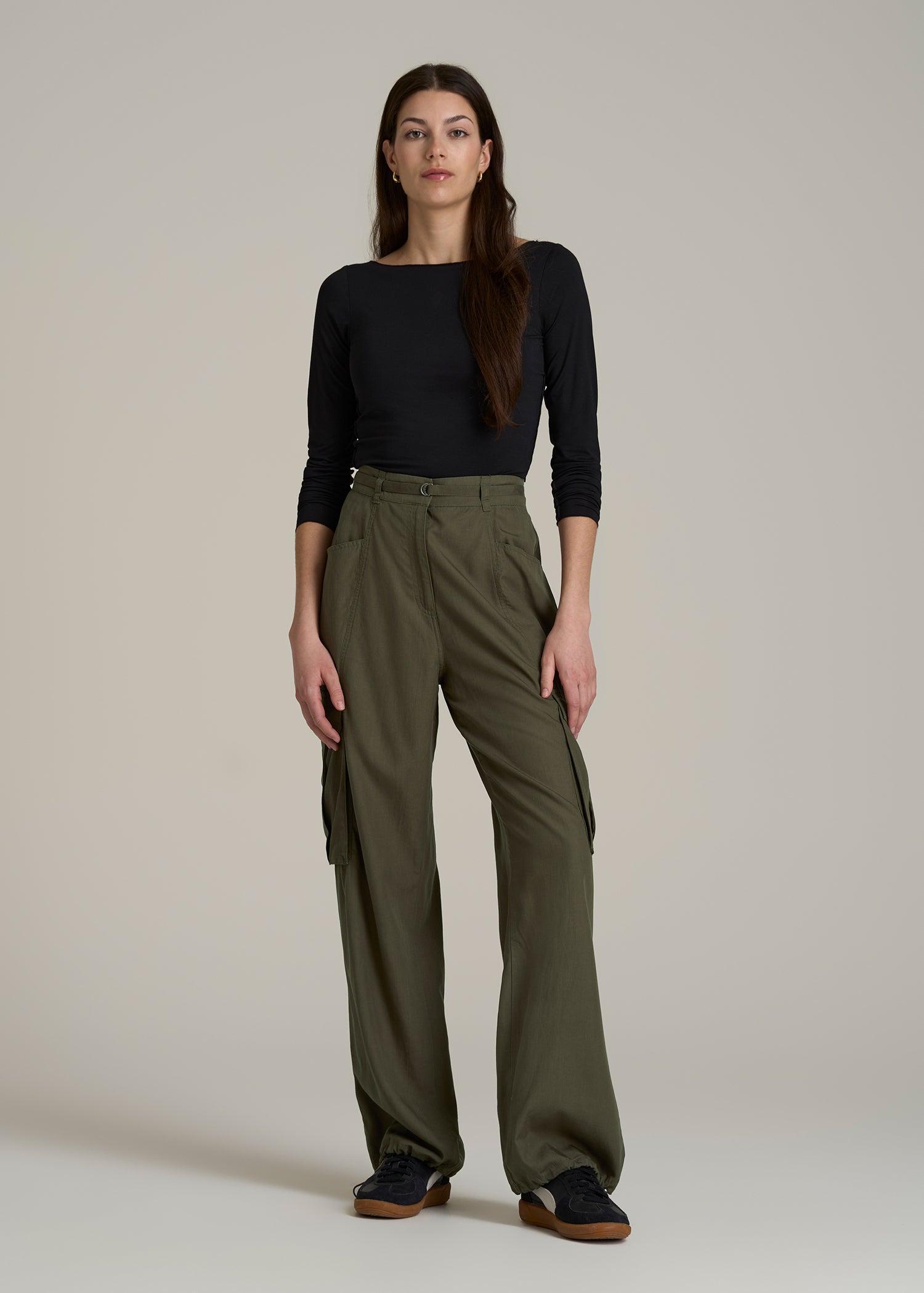 High Rise Cargo Parachute Pants for Tall Women in Forest Night Product Image