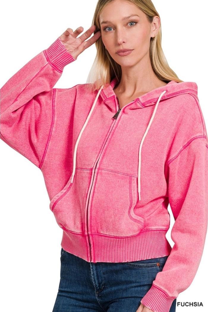 Acid wash fleece cropped zip-up hoodie w pockets Product Image
