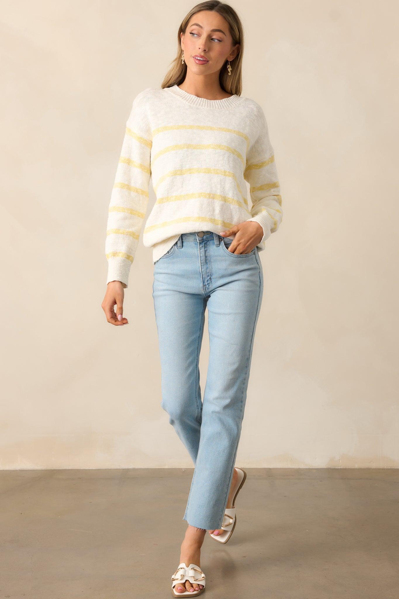 My Day Off Ivory & Yellow Cotton Stripe Sweater Product Image