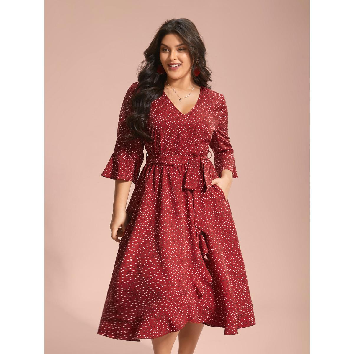 Plus Size Polka Dots Waist-Tie Ruffled Midi Dress Scarlet Women Elegant Overlapping V-neck Elbow-length sleeve Curvy BloomChic 26/4X Product Image