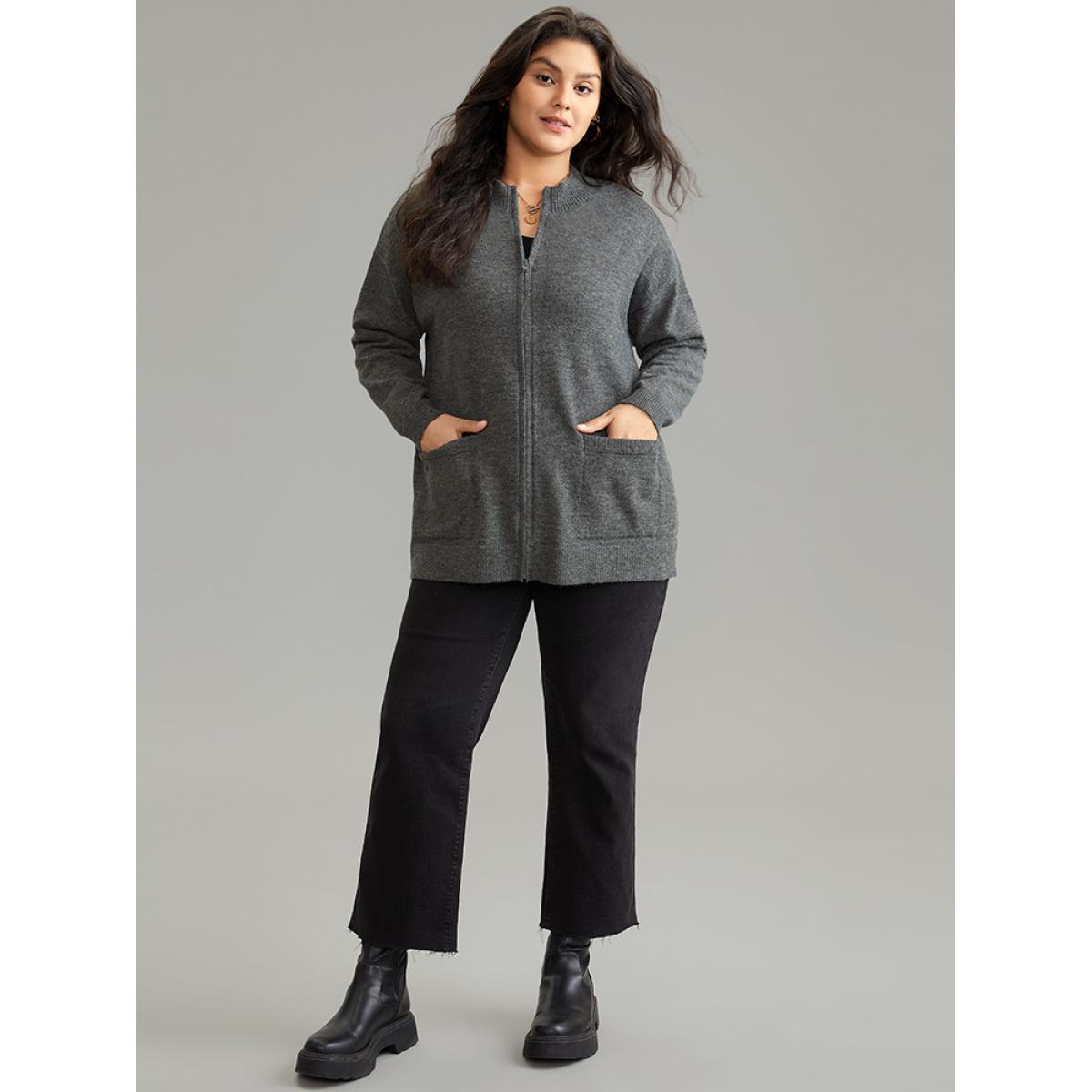 Plus Size Anti-Pilling Zipper Fly Patched Pocket Cardigan DimGray Women Casual Loose Long Sleeve Dailywear Cardigans BloomChic 22-24/3X Product Image