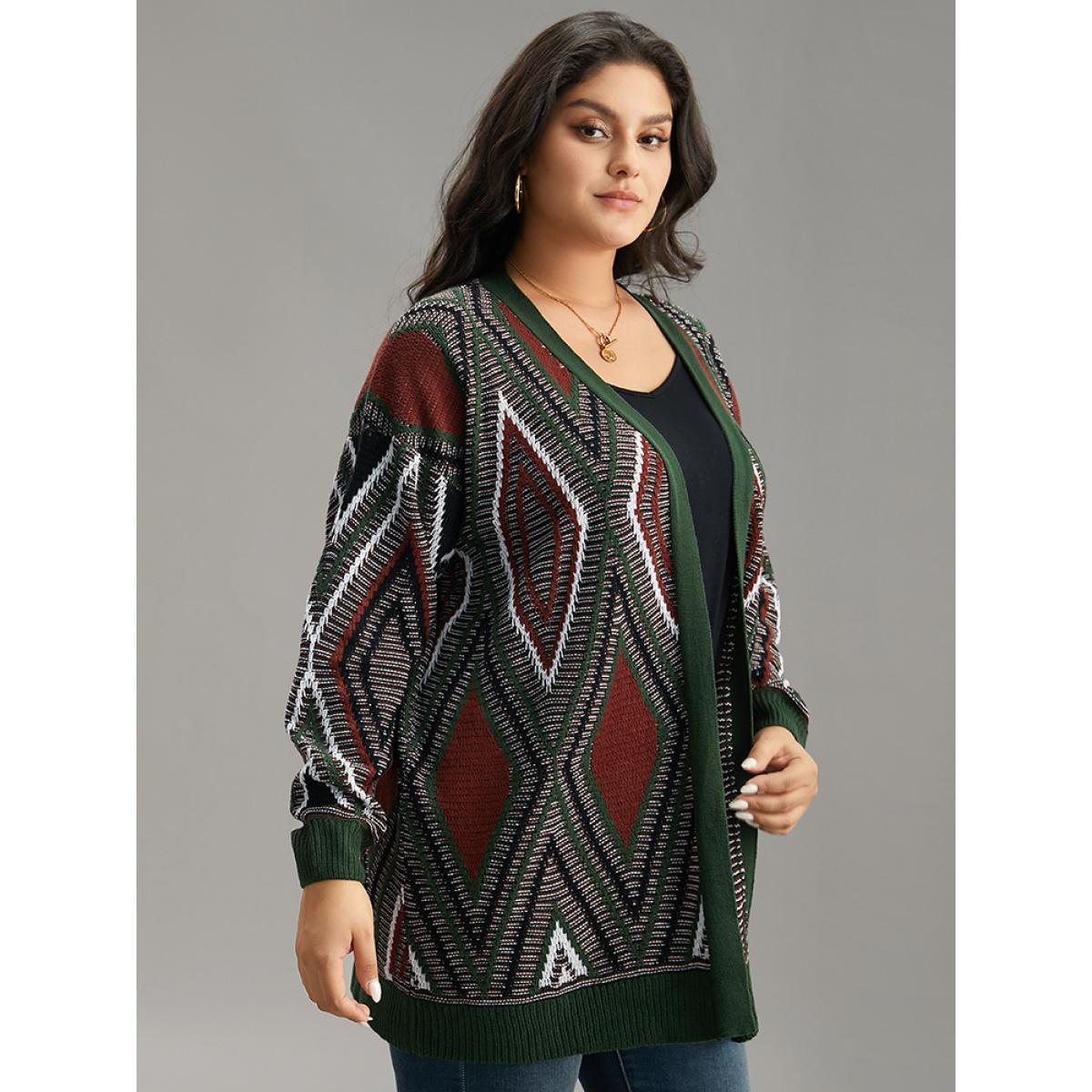 Plus Size Geometric Contrast Open Front Cardigan DarkGreen Women Casual Loose Long Sleeve Dailywear Cardigans BloomChic 22-24/3X Product Image