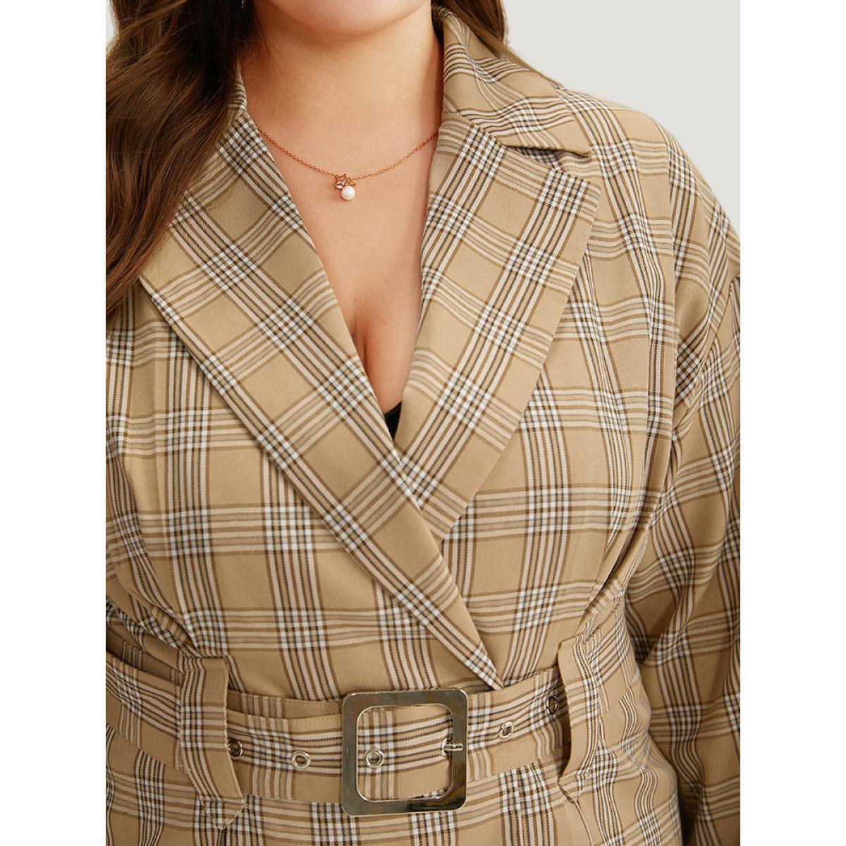 Plus Size Plaid Metal Buckle Detail Pleated Coat Women Tan Casual Belted Ladies Dailywear Winter Coats BloomChic 28/5X Product Image