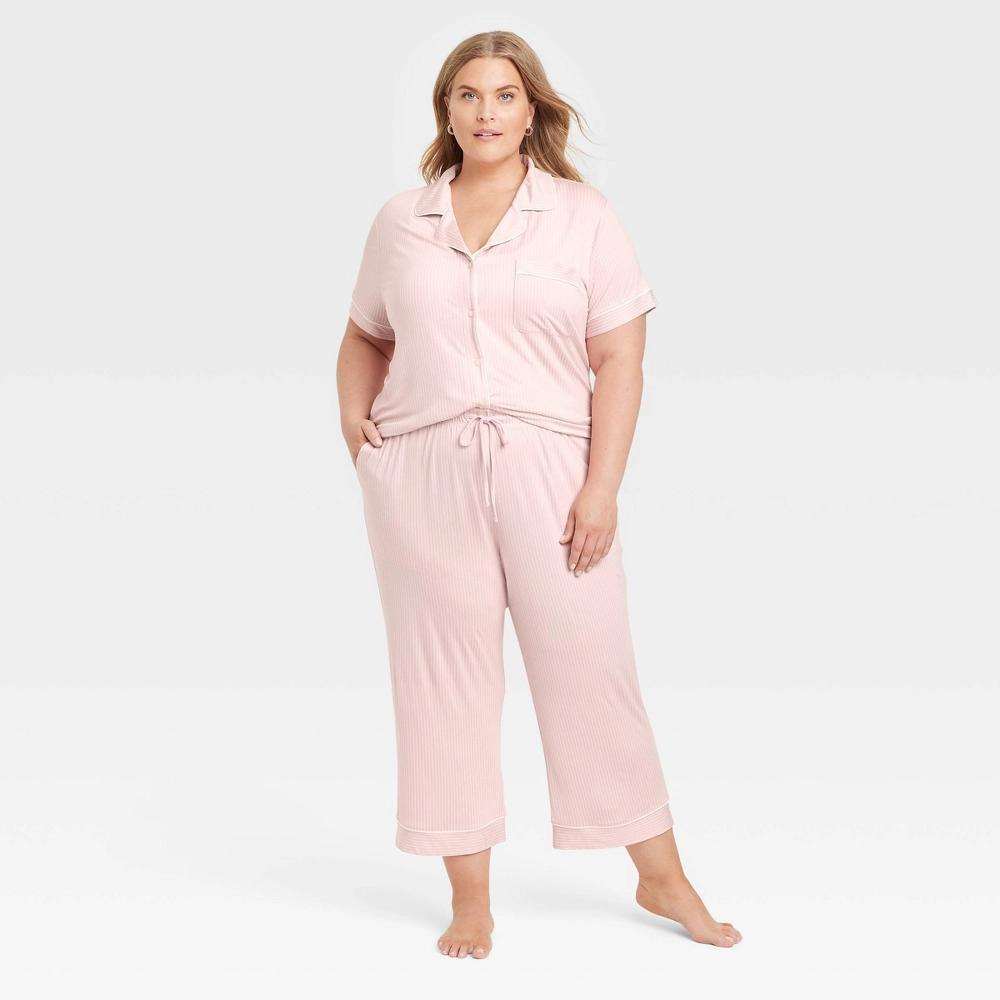 Women's Cloud Knit Short Sleeve Notch Collar Top and Cropped Pants Pajama Set - Auden™ /Striped 3X: Modal Blend, Elastic Waistband Product Image