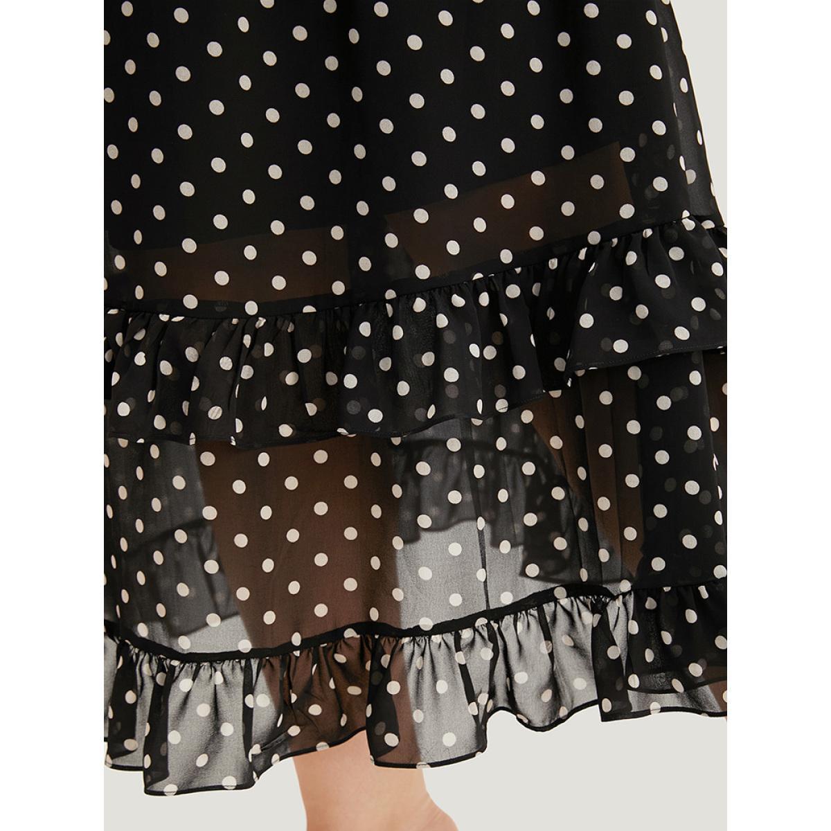 Plus Size Polka Dot Ruffles Pocket V Neck Mesh Belted Dress Black Women Elegant Lined V-neck Short sleeve Curvy Midi Dress BloomChic 28/5X Product Image