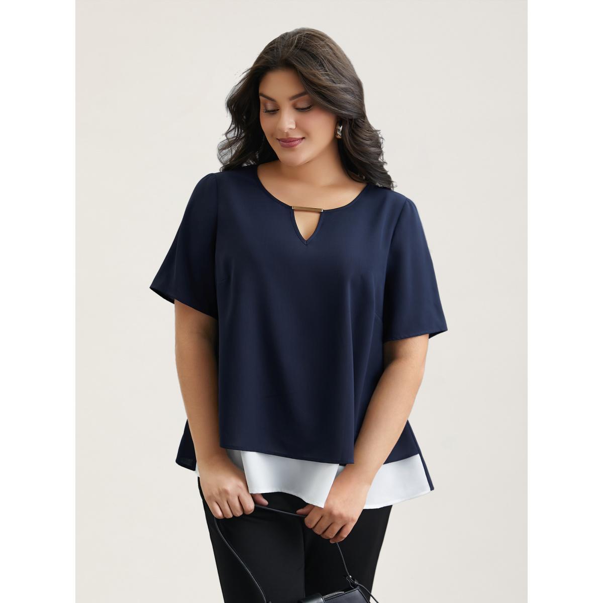 Plus Size Indigo Neck Cut-Out Color Contrast Shirt Women At the Office Short sleeve Round Neck Work Blouses BloomChic 28/5X Product Image